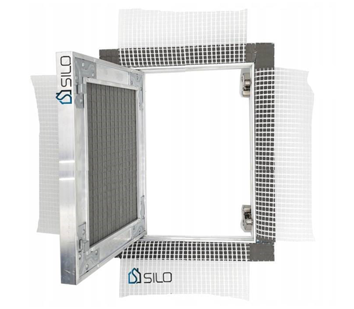 FASADE RIVET 40x50 cm – Elewacyjne Drzwiczki Rewizyjne do Styropianu | UCHYLNE Z SIATKĄ | Do Tynku i Elewacji