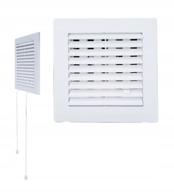 14x14 | Plastikowa Kratka z żaluzją i sznurkiem wentylacyjna | BIAŁA 140x140 mm